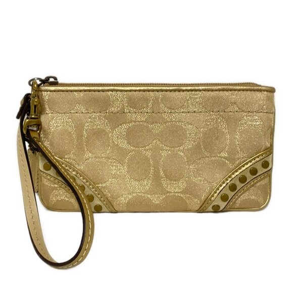 Auth COACH Signature - Beige Gold Jacquard Leather Hardware Pouch - Picture 1 of 6